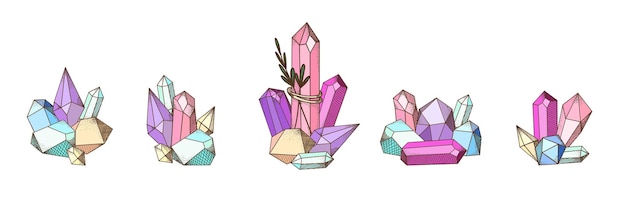 Vector conjunto de cristales cuarzo mágico diferentes formas y colores piedras preciosas místicas ocultas joyas coloridas diamantes de lujo joyas tesoros decorativos elementos aislados minimalismo ilustración vectorial