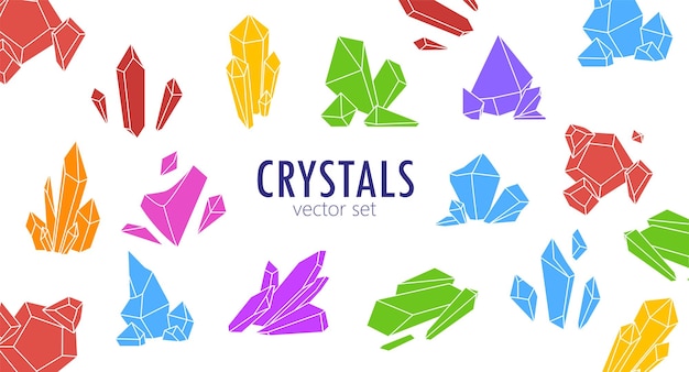 Vector conjunto de cristales sobre fondo blanco ilustración vectorial cristalino mágico o gemas para decoración al estilo de dibujos animados