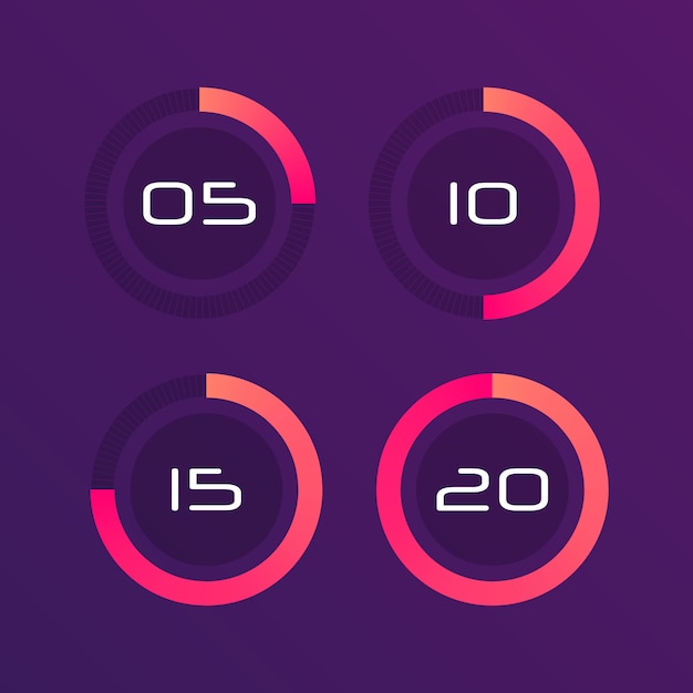 Conjunto de cronómetro, temporizador, cuenta regresiva, diagrama circular.