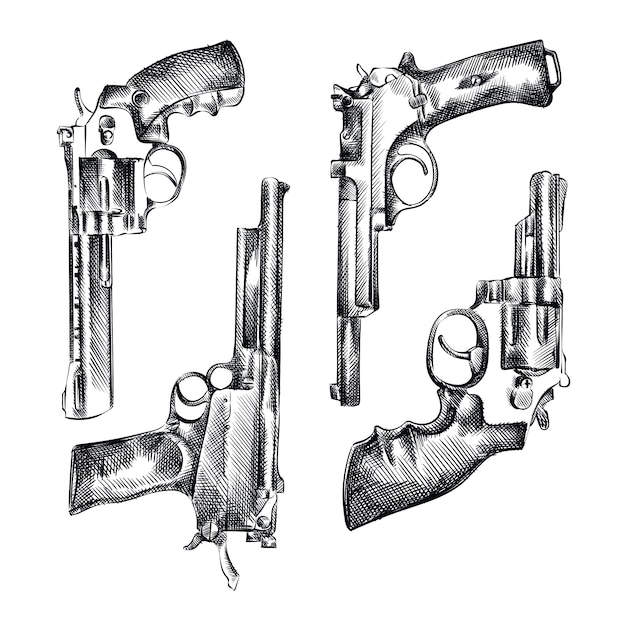 Conjunto de croquis dibujado a mano de pistolas vintage. el juego incluye revólveres, pistolas, rifles, escopetas, potro, armas navales