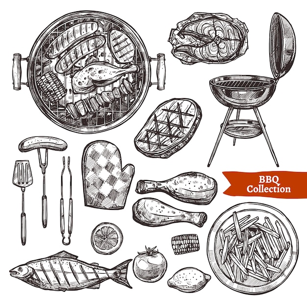 Conjunto de croquis de parrilla de barbacoa. Colección barbacoa dibujada a mano