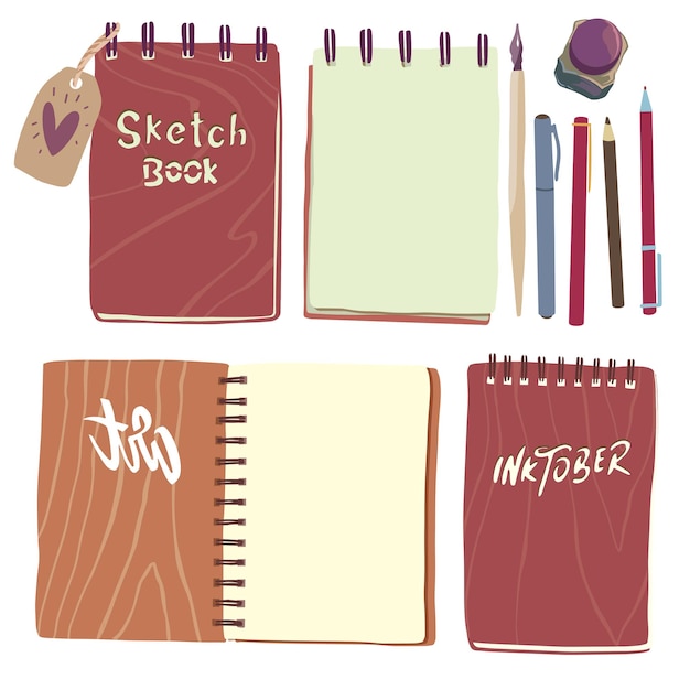 Conjunto de cuadernos de bocetos en estilo plano para impresión y decoración. ilustración de vector.