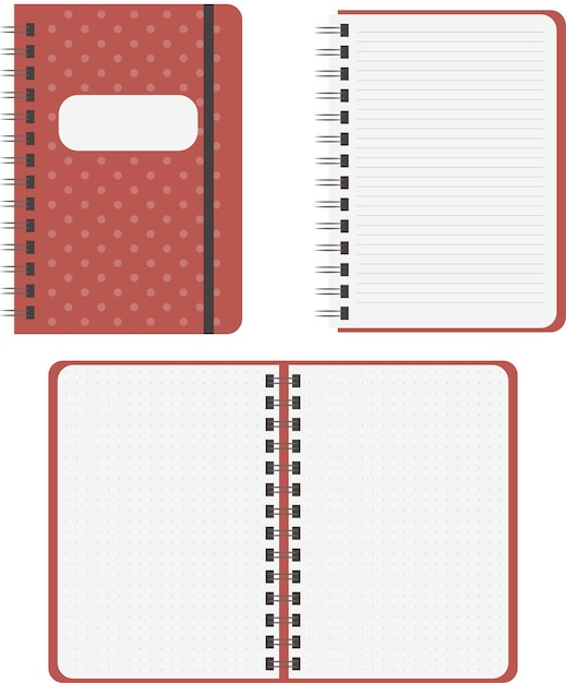 Vector conjunto de cuadernos de espiral de vector de estilo plano de moda - lunares cerrados, abiertos con líneas y puntos abiertos