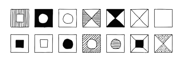 Conjunto de cuadrados de diferentes texturas dibujo a mano aislado en blanco