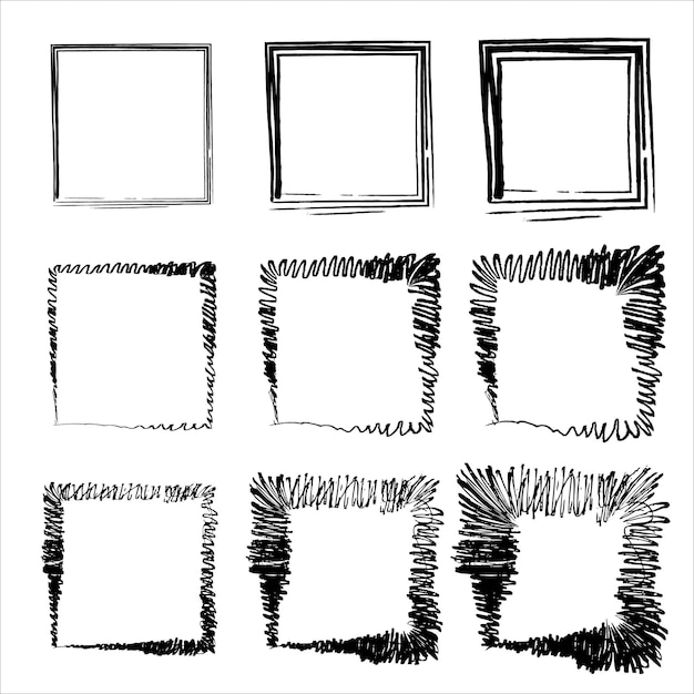 Vector conjunto de cuadrados grunge marco cuadrado dibujado a mano conjunto de estilo grunge de formas cuadradas
