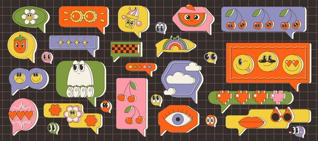 Conjunto de cuadro de chat de texto de burbuja de conversación en estilo retro y2k con elementos de dibujo pegatinas emoji