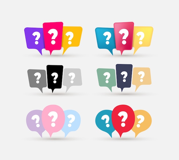 Conjunto de cuadro de mensaje con icono de signo de interrogación. Chat, cuadro de chat, preguntas frecuentes, ayuda, mensaje, icono de burbuja de diálogo. Elementos vectoriales de color y negro, aislados sobre fondo blanco.