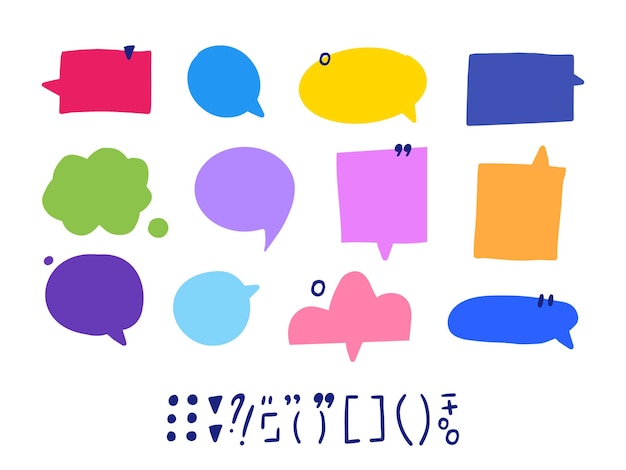Conjunto de cuadros de diálogo diferentes variantes dibujadas a mano Ilustraciones planas vectoriales Colección garabato de color pastel para decoración de diálogo de conversación sobre fondo blanco