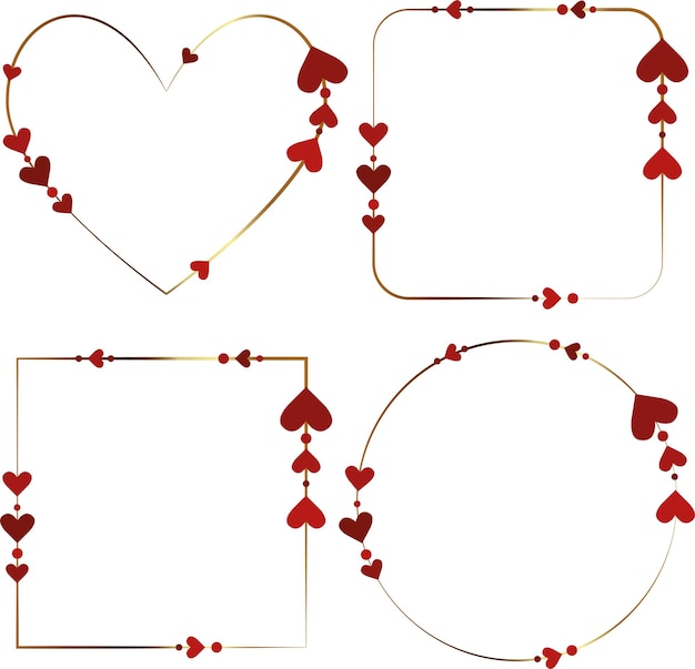Conjunto de cuadros. Marcos dorados con corazones. Día de San Valentín. Ilustración vectorial de alta calidad.