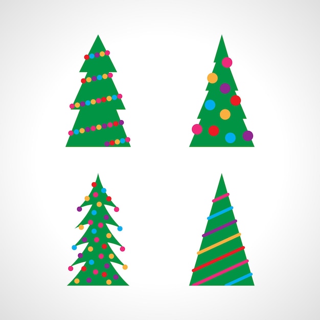 Conjunto de cuatro árboles de Navidad con bolas de Navidad y adornos. Ilustración vectorial.