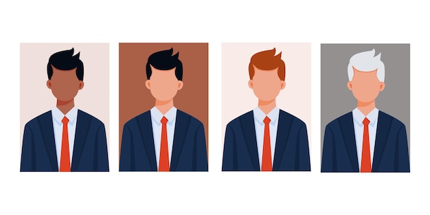 Un conjunto de cuatro avatares de hombres de negocios en un traje profesional y corbata