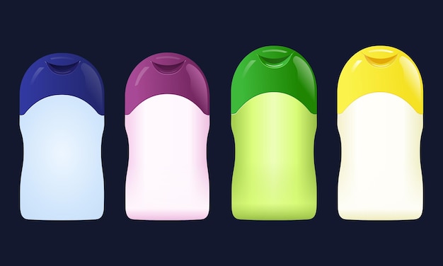 Conjunto de cuatro botellas cosméticas coloridas con diseño minimalista para productos de cuidado de la piel e higiene