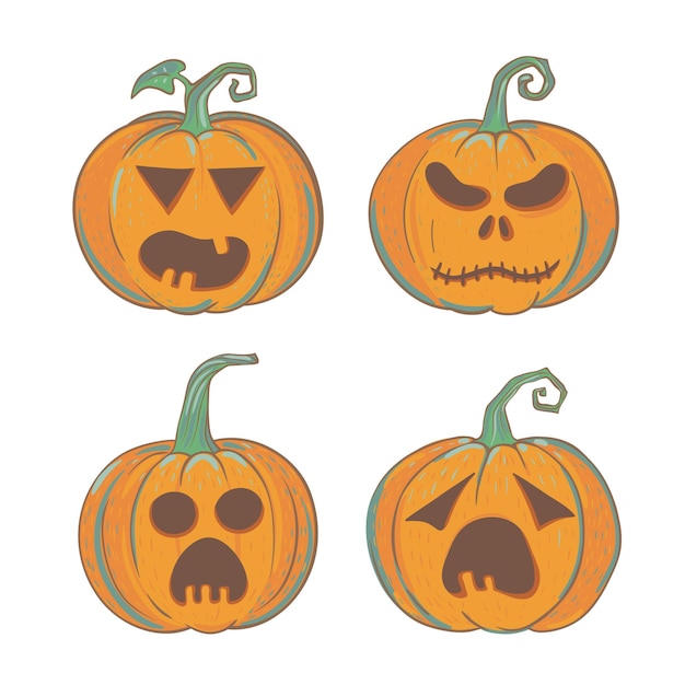 Conjunto de cuatro calabazas de Halloween talladas ilustraciones vectoriales de Halloween aisladas en blanco