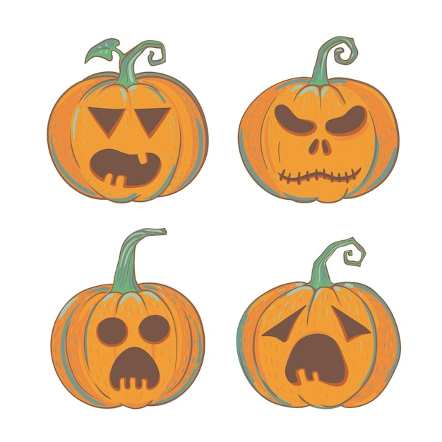 Conjunto de cuatro calabazas de halloween talladas ilustraciones vectoriales de halloween aisladas en blanco