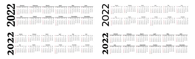 Conjunto de cuatro calendarios horizontales para 2022 aislado sobre fondo blanco. De domingo a lunes, plantilla de negocios. Ilustración vectorial