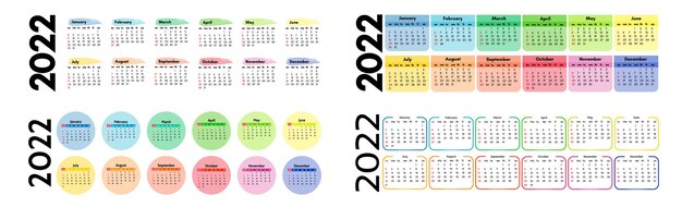 Conjunto de cuatro calendarios horizontales para 2022 aislado sobre fondo blanco. De domingo a lunes, plantilla de negocios. Ilustración vectorial