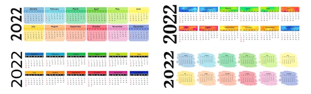 Conjunto de cuatro calendarios horizontales para 2022 aislado sobre fondo blanco. De domingo a lunes, plantilla de negocios. Ilustración vectorial