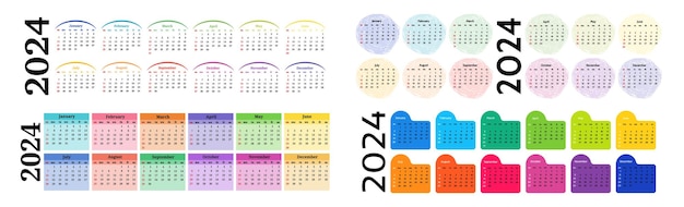 Conjunto de cuatro calendarios horizontales para 2024 aislados sobre un fondo blanco de domingo a lunes