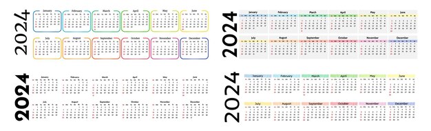 Conjunto de cuatro calendarios horizontales para 2024 aislados sobre un fondo blanco de domingo a lunes