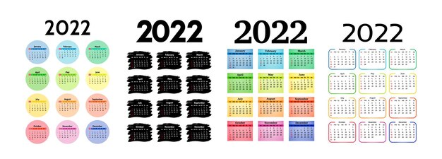 Conjunto de cuatro calendarios verticales para 2022 aislado en un fondo blanco. De domingo a lunes, plantilla de negocios. Ilustración vectorial