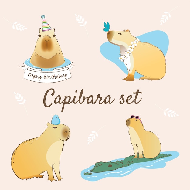 Vector conjunto de cuatro caricaturas bonitas capibara con un pájaro en su cabeza con una mariposa con un sombrero de cumpleaños