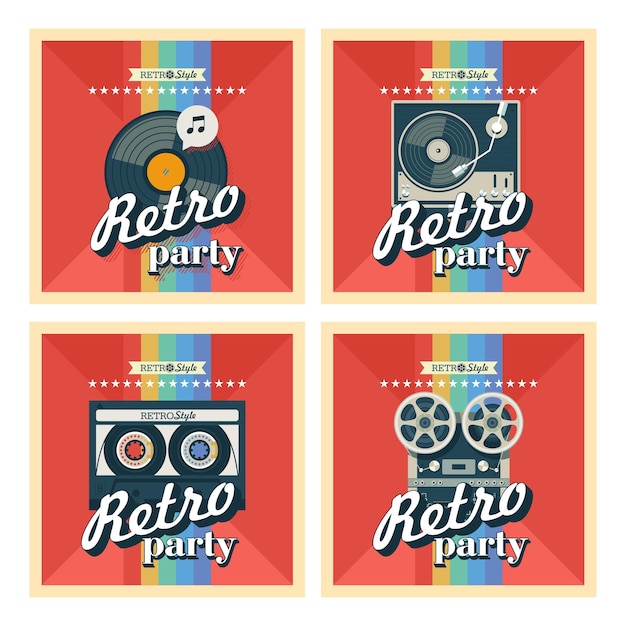 Conjunto de cuatro carteles. Ilustración vectorial. Fiesta retro.