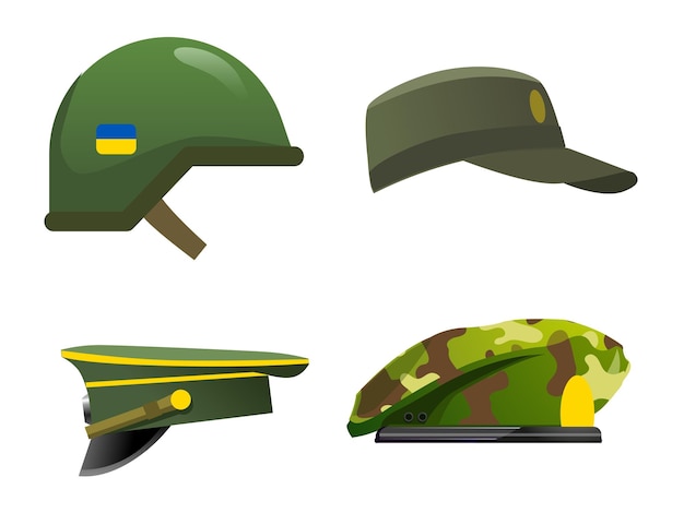 Conjunto de cuatro cascos militares. Casco militar, gorra, boina y gorro de general