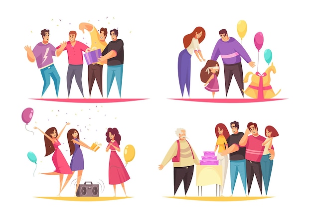 Conjunto de cuatro composiciones de regalos aislados con personajes planos de personas que tienen alegría y diversión ilustración vectorial