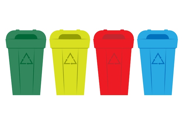 Conjunto de cuatro contenedores de reciclaje coloridos para la separación de residuos y la sostenibilidad ambiental