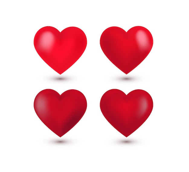 Conjunto de cuatro corazones de San Valentín rojos realistas, sombra. ilustración vectorial Símbolo de amor, signo. Elemento decorativo para tarjetas de felicitación, carteles, impresos,