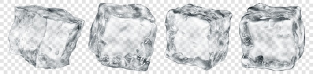 Conjunto de cuatro cubos de hielo translúcidos realistas en color gris aislados sobre fondo transparente Transparencia solo en formato vectorial