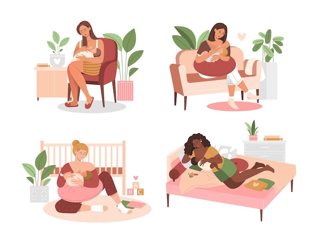 Vector conjunto de cuatro diversas madres que amamantan amamantando a sus bebés en sillas y sofás en casa, ilustración vectorial de color