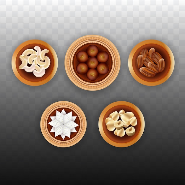 Conjunto de cuatro dulces diferentes y frutas secas en un plato sobre fondo PNG Happy Diwali