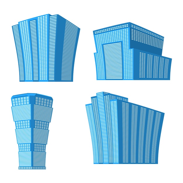 Conjunto de cuatro edificios modernos de gran altura sobre un fondo blanco. Vista del edificio desde abajo. Ilustración vectorial isométrica.