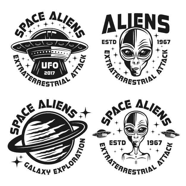 Vector conjunto de cuatro emblemas vectoriales de ovnis y extraterrestres