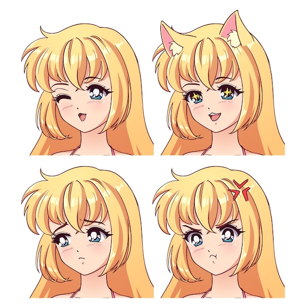 Conjunto de cuatro emociones de anime diferentes chica enojada, triste y feliz con cabello rubio