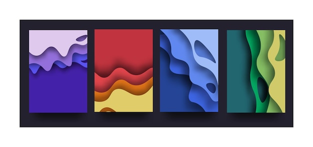 Conjunto de cuatro fondos cortados en papel abstracto con formas onduladas y paletas de colores vibrantes Perfecto para