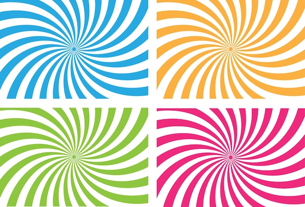 conjunto de cuatro fondos en espiral conjunto de colorido papel tapiz en espiral Sunburst vector abstracto