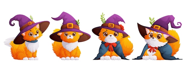 Vector un conjunto de cuatro gatos felices y lindos con un sombrero de bruja púrpura en la cabeza gatito temático de halloween con un sombrero de mago y un manto vector de estilo de dibujos animados