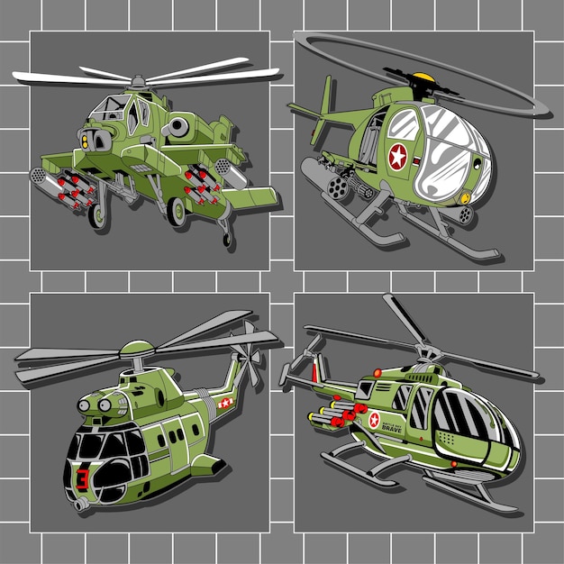 Vector un conjunto de cuatro helicópteros verdes con la palabra roja en el frente.