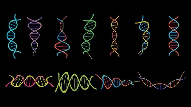 Un conjunto de cuatro hermosas estructuras retorcidas científicas médicas multicolores de espirales de resumen