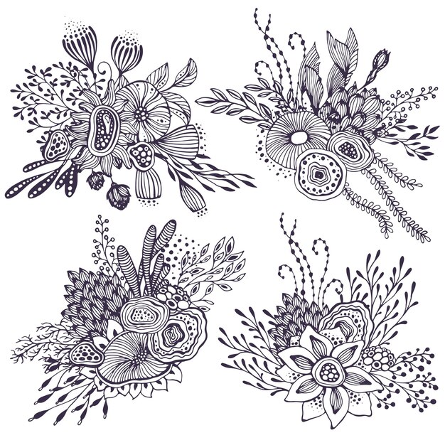 Conjunto de cuatro hermosos ramos de fantasía con flores, plantas, ramas dibujadas a mano. Ilustración de vector de blanco y negro.