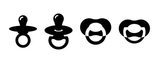Conjunto de cuatro iconos de chupete de bebé en blanco y negro Elementos para el diseño de botones de iconos de logotipo Ilustración vectorial aislada