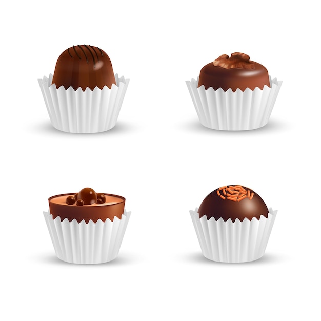 Conjunto de cuatro iconos de envoltura de papel corrugado de chocolate realistas aislados con caramelos de choco en la ilustración de vector de fondo en blanco