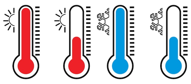Conjunto de cuatro iconos de termómetro que muestran temperaturas calientes y frías con símbolos de sol y copos de nieve