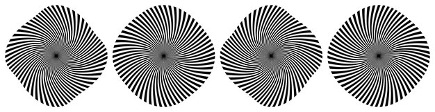 Conjunto de cuatro ilusiones espirales negras abstractas con efecto de distorsión ondulada centrado en fondo blanco arte óptico diseño de movimiento hipnótico ideal para patrones de concepto retro y temas de distensión visual