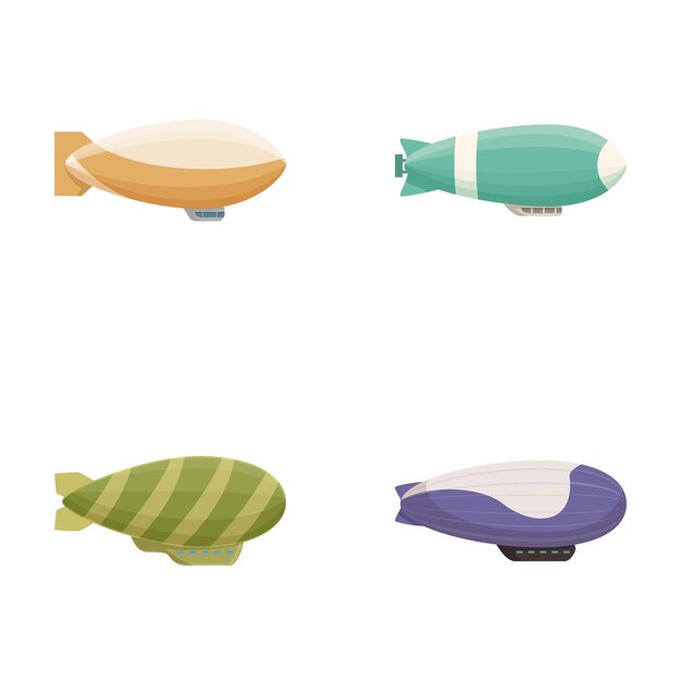 Conjunto de cuatro ilustraciones vectoriales de aeronaves coloridas caprichosas en un estilo de diseño plano