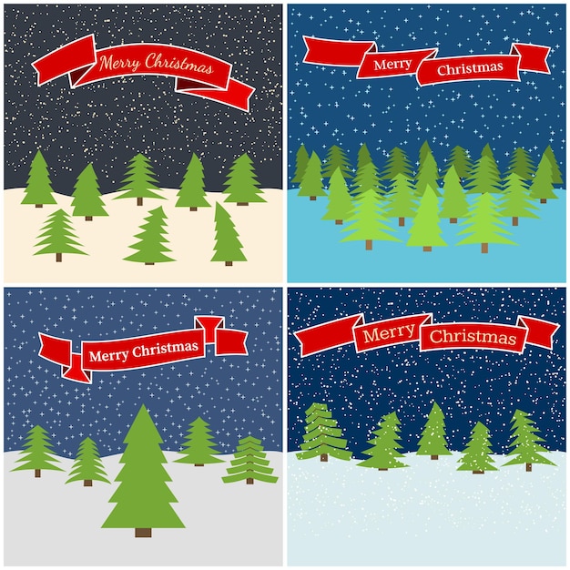 Vector conjunto de cuatro ilustraciones vectoriales con bosque nocturno con cintas rojas con las inscripciones feliz navidad.