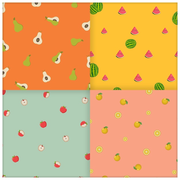 Conjunto de cuatro impresiones de papel tapiz de frutas sin costura vectorial