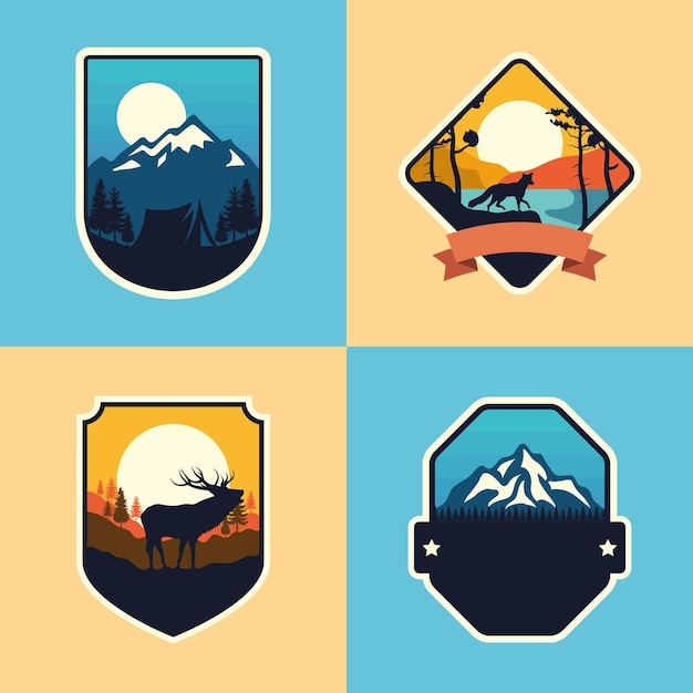 Vector conjunto de cuatro insignias de aventura.